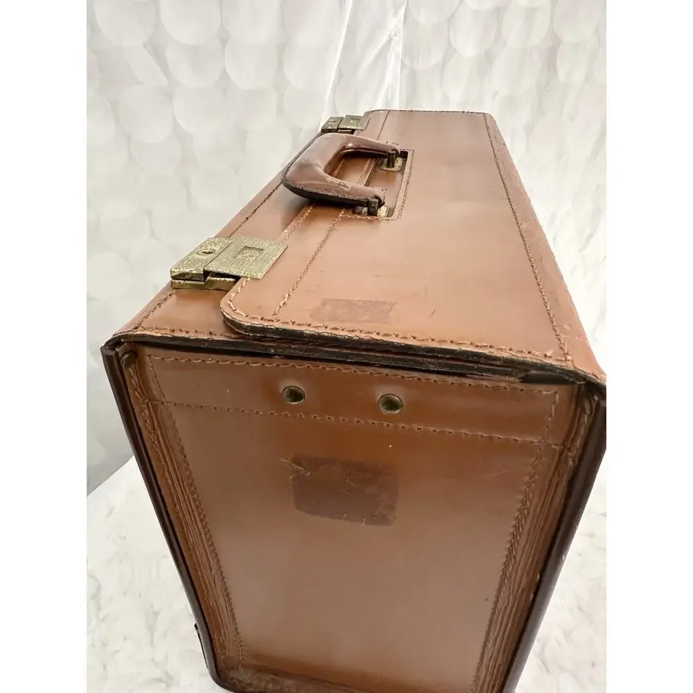 Vintage 50s Brown Leather Briefcase Attaché Case With 2 Keys Home Decor Legal